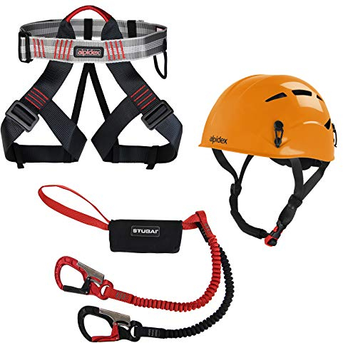 ALPIDEX Kletterhelm Klettergurt + Stubai Klettersteigset Basic 3.0, Farbe:Sunset orange, Größe:Gurt - Universalgröße/Green Pepper