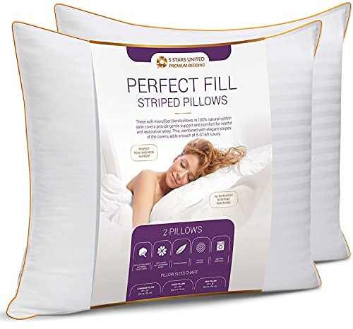 5 STARS UNITED Pillows 2-Pack - Hotel Quality Pillow for Sleeping - Ultra Soft Support Bed Pillows - Cotton Covers (White Striped, King 50x90 cm)