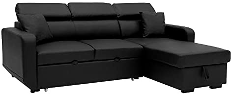 Happy Garden Canapé d'angle Convertible Warren 3 Places en Simili Noir. Canapé avec méridienne réversible, Appui-tête réglable et Coffre de Rangement.