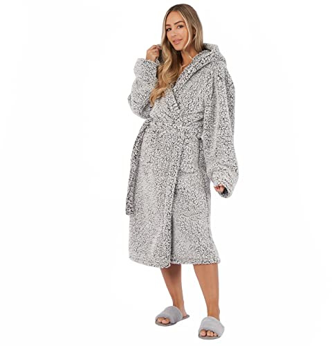 Brentfords Dressing Gown Womens Teddy Marl, Mothers Day Gifts Bathrobe with Hood & Pockets Soft Warm Comfy Luxury Oversized Fluffy Mens Dressing Gowns, Charcoal Grey One Size