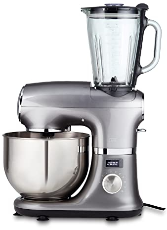 KHG Küchenmaschine Silber Teigmaschine leise 85 dB 1000 Watt, Fleischwolf Knetmaschine Kuchenmaschine Rührmaschine, 5,5 Liter Edelstahlschüssel, Mixer Aufsatz, 8 Leistungsstufen, Timer, Saugfüße