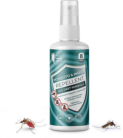 50% DEET Insect Repellent Spray - Maximum Strength, 8-Hour Protection, Repels Mosquitoes, Midges, Ticks, Ideal for Tropical Destinations, with Added Phrethrins