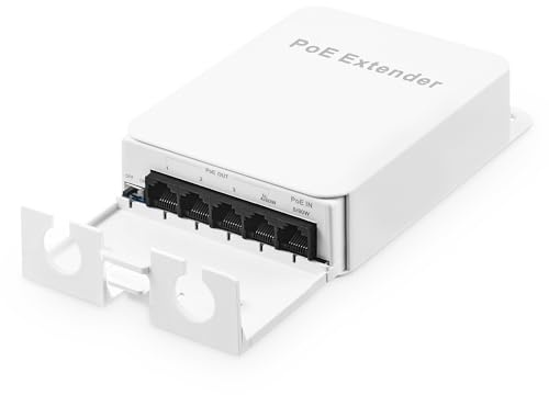 Outdoor PoE Passthrough Switch, 1 PoE in 4 PoE Out Extender, IEEE802.3af/at/bt PoE Powered 90W, 100Mbps Ethernet, Wandmontage Wasserdicht Plug and Play