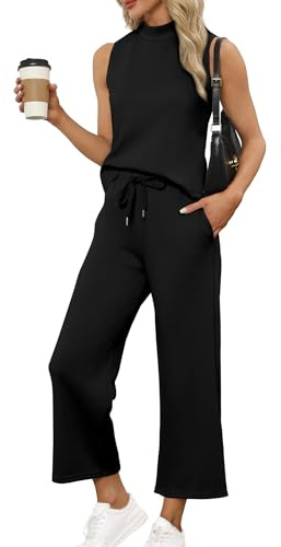 Sampeel Two Piece Set for Women Casual Lounge Sets Summer Outfits Matching Sets Women Fashion Clothing Business Casual Vacation Travel Comfiest Airport Outfits Mock Neck Black 2025 M