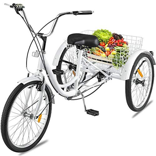 HMFMWYFI Rennräder für Erwachsene, Mountainbikes, Dreiräder für Erwachsene für Damen | Dreirad für Erwachsene, 7 Gänge, 24 Zoll | Dreirädriges Cruiser-Trike mit tiefem Einstieg und großem Korb (weiß)
