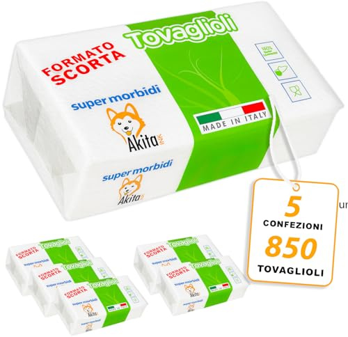 Tovaglioli Monovelo 850 Tovaglioli 1 velo Akitaink - 5 Confezioni da 170 con Decorazioni Originali, 100% Pura Cellulosa Certificata FSC, Made in Italy