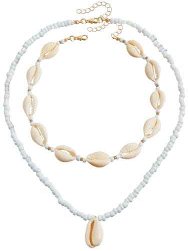 Wnddle 2 Stück Muschelkette, Muschelkette Damen, Damen Natural Shell Choker Halsketten Armband Schmuck Set Boho Muschelkette, Muschel Kette, Natural Shell Choker Halskette