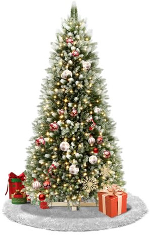 Sapin de Noël artificiel avec éclairage - 150 cm - Sapin noble en PVC avec neige décorative - Montage rapide et ignifugé - Avec support (1,5 m, blanc naturel enneigé + LED)