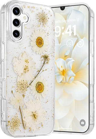 Riccase for Samsung Galaxy A16 Case Clear with Real Dried Flower Patterns, Shockproof Transparent Soft TPU Protective Bumper Slim Glitter Cute Floral for Samsung A16 4G/5G Phone Case,Daisy