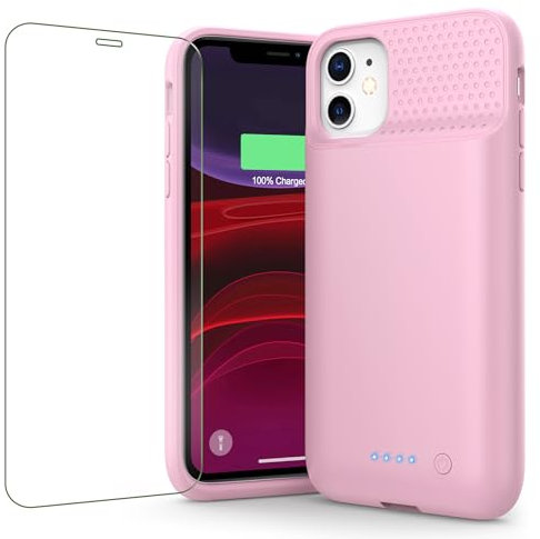 Feob Battery Case for iPhone 11/XR (6.1inch),Upgraded 7500mAh Slim Portable Charger Case Cover,External Battery Pack Charging Case with Tempered-Glass Screen Protector for iPhone 11/iPhone XR (Pink)