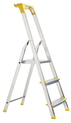FORTENA Stehleiter Haushaltsleiter mit gelb Ablage Leiter Aluminium mit Regal 3 Stufen