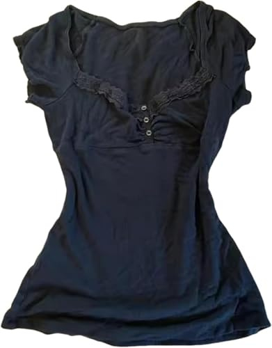 Coquette Ruffle Tops Women Cute Summer Lace Peplum Babydoll Top Teen Girls Y2k Grunge 2000s Cottagecore Clothing (L,Black)