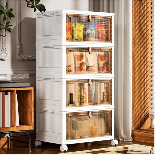 PurKeep Cajas Almacenaje Plastico con Tapa- 28L*4 Cajas Organizadoras, Cajas Almacenaje con Puertas y Ruedas, cajones de Almacenamiento con Puerta Delantera, 4 Paquetes