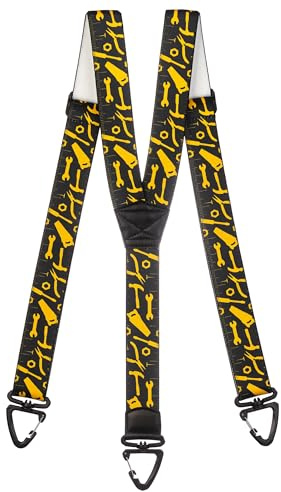 Olata Robuste Y-Hosenträger mit Werkzeug-Muster und Kunststoff-Karabinerhaken – 4 cm. Schwarz