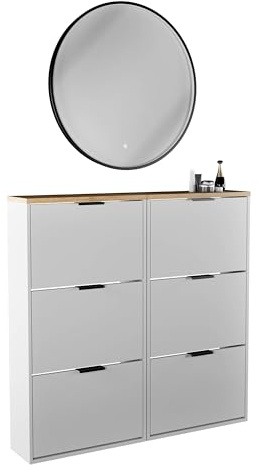 Planetmöbel 2 x Schuhschrank schmal inkl. runder Spiegel mit Beleuchtung 80 cm (3 Lichtstufen) Schuhkommode mit 3 Klappen Schuhregal mit 6 Ablagen, Garderobe Set, 60 x 23 x 118 cm, weiß grau