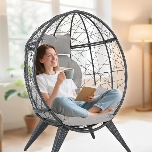 Rattan Egg Chair for Adult, Indoor Outdoor Patio Large Wicker Egg Chair with Overstuffed Cushions, Steel Frame, Boho Nest Seat for Patio, Bedroom, Lawn, Backyard