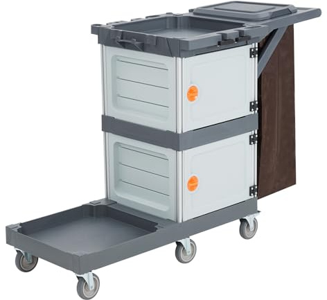Janitorial Cart on Wheels, Cleaning Carts with 2 Cabinet, Cover, 3 Shelves and Bag, Multifunctional Home Commercial Utility Cart for Housekeeping, School Hotel Business