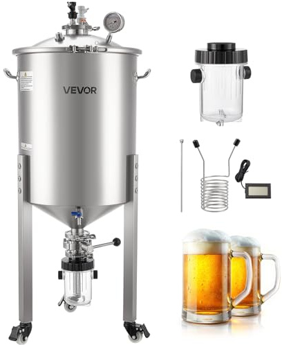 VEVOR Serbatoio di Fermentazione Conico per Produzione di Birra in Acciaio Inox da 60 Litri, Bollitore con Fondo Conico 3 Ruote, Botte di Fermentazione per Vino e Birra