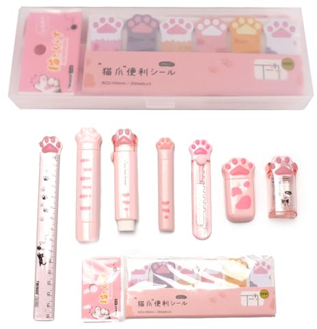 9 Pcs Cute Cat Paw Stationery Set Pencil Sharpener Retractable Eraser Correction Tape Sticky Notes Ruler Mini Scissors Utility Cutter School Office Supplies (Pink1)