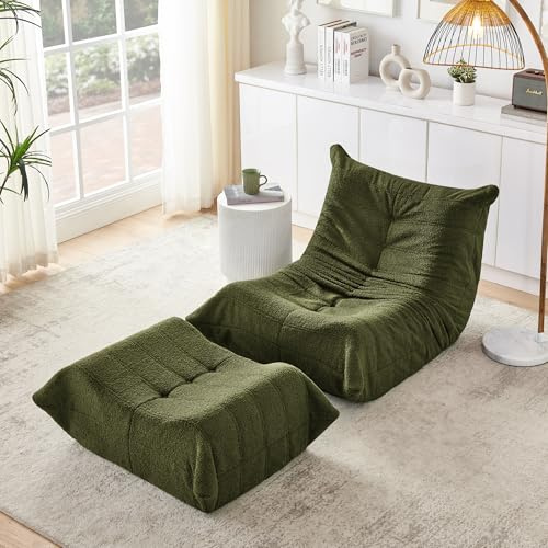 Lazy - Sillón de suelo con respaldo y reposapiés, puf de piel de peluche, XXL, cómodo sillón relax de espuma, silla de suelo, silla de lectura para salón, dormitorio (verde)