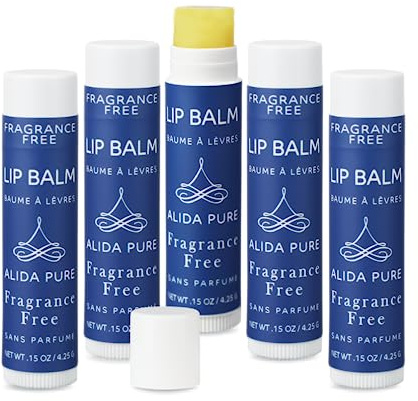 ALIDA PURE Fragrance Free Lip Balm, Vegan Set, Unscented, No Flavor, Beeswax Free, Organic Jojoba and, Avocado Oil, Vitamin E, Natural Moisturizer for Dry, Chapped, or Cracked Lips, 5 Tube Set
