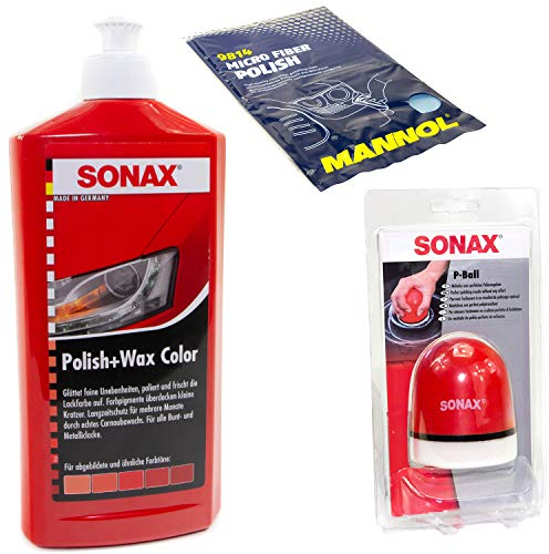 Politur Set Polish und Wax Wachs polieren Lack Color rot SONAX 500 ml + P-Ball Schwamm + Microfasertuch
