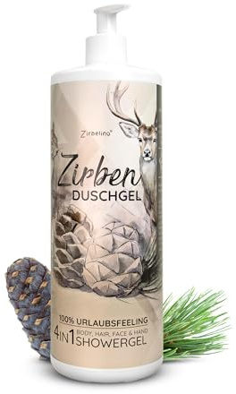 ZIRBELINO ZirbenDuschgel 4in1 - für Körper, Haare, Gesicht und Hände - mit praktischem Pumpspender - 1000ml