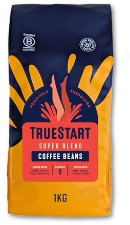TrueStart Coffee Beans Super Blend Strong 1kg – Mycotoxin-Free Ground Coffee Beans with Notes of Roasted Nut and Dark Cocoa, Medium Roast, Ideal for Espresso Lovers