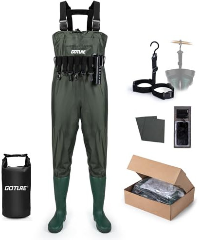 Goture Wathose Herren Wasserdichte, 70D Nylon/500 PVC, Wasserdichte Wathose zum Angeln mit wasserdichter Tasche, Jagd, Wathose mit Stiefelfuß, Wasserdichte Handytasche, Grün