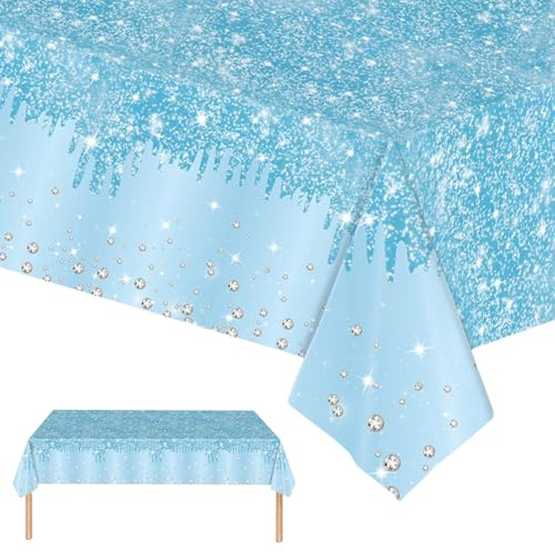 2 st pastellblå bordsduk, fest engångsdukar, 137 x 274 cm glänsande glitter diamant blå fest rektangulär matbord skydd babyblå bordsduk för baby shower, bröllop, födelsedagsfest dekor