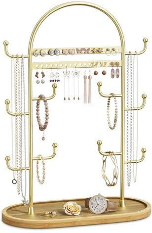 niffgaff 12.9'' Jewelry Stand Jewellery Organiser Necklace Earring Holder Necklace Display Stand Headband Organiser For Hanging Ring Bracelet Watches Storage Bedroom Accessories Gold With Wooden Tray