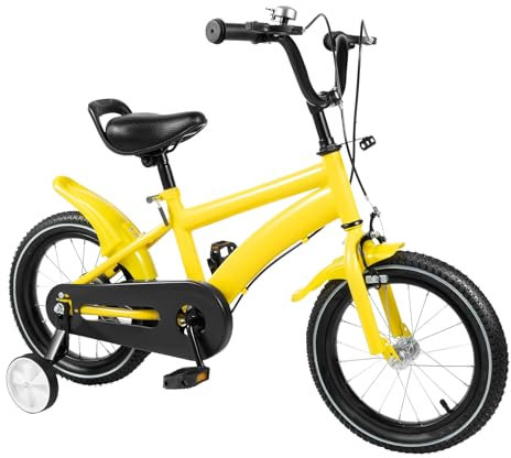 LENJKYYO 14 Zoll Kinderfahrrad mit Stützräder für 3-6 Jahre Jungen Mädchen Mädchenfahrrad Rad Bike Unisex Höhenverstellbares Kinder fahrräder mit Einer Körpergröße von 39,37-45,28“ geeignet (Gelb)