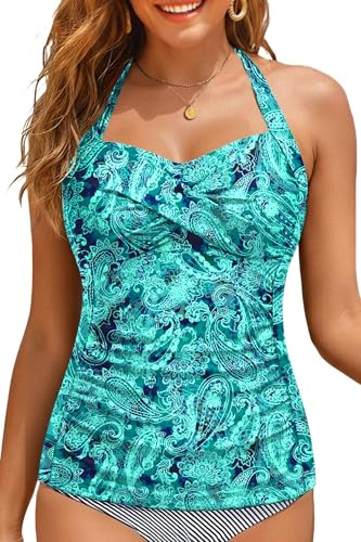 Women Tankini Bathing Suit Top - Halter Swim Tops Only Tummy Control No Bottom Swimwear, Green Paisley, Medium
