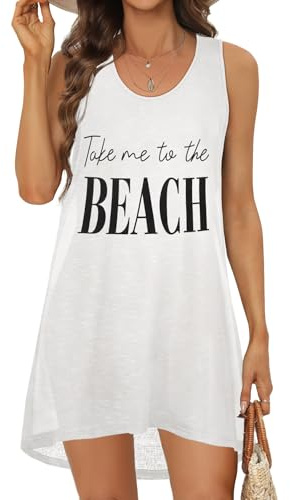 Women Swimwear Summer Casual Tank Dresses Beach Swimsuit Cover Up Bikini Sundress(White Pattern,L)