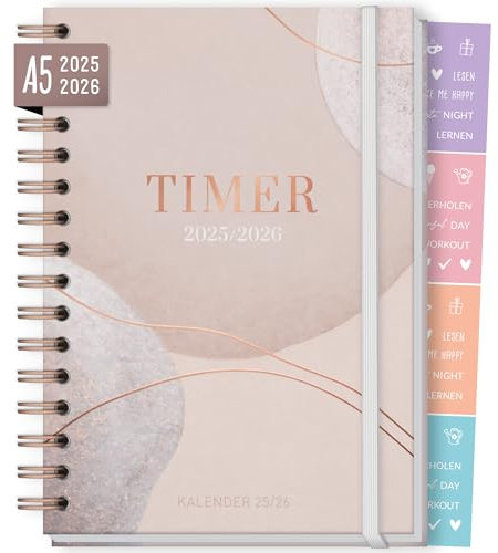 Häfft-Timer Fancy 2025/2026 A5 Soft Beige Schülerplaner mit Hardcover und Spiralbindung für Oberstufe, Ausbildung, Studium, Laufzeit Aug 2025 - Sep 2026 – nachhaltig & klimafreundlich