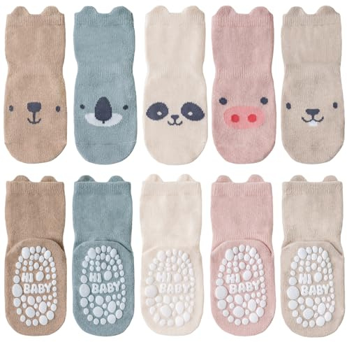 SockWaddles Halkfria Babystrumpor, 5 Par, för Barn, med Grepp | Babystrumpor i 80% bomull med runda ABS-grepp under sulan; mjuka resårmuddar för lek, krypning och första steg