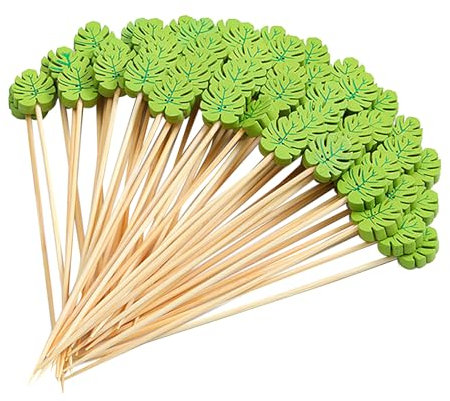 100 Stück Spieße Fingerfood,Cocktailspieße,Holzspieße,Cocktail Deko Partyspieße,Cocktail Spieße Grüne Blätter,Bambus Spieße für Grillgut Obst Antipasti Getränke Kuchen Häppchen(12cm)
