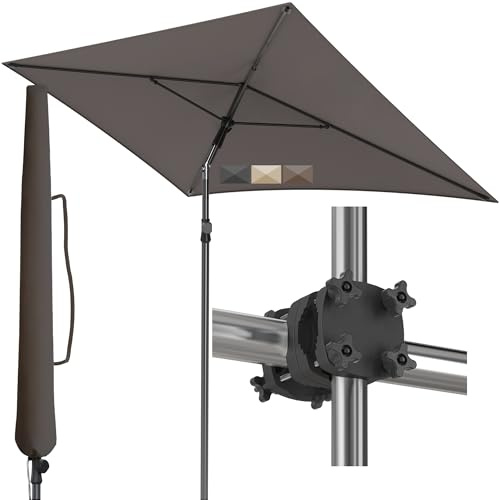 Menz Sonnenschirm Balkon - 3-IN-1 Sonnenschutz Balkon SET in Taupe, UPF 50+ Sonnenschirm rechteckig 200 x 125cm + stabiler Sonnenschirmhalter Balkongeländer + Sonnenschirmhülle