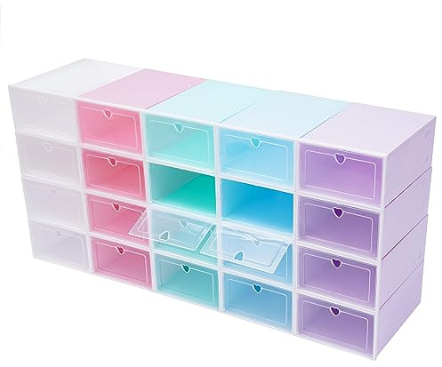 Dofanqing Set di 20 scatole trasparenti per scarpe, scarpiere, organizer impilabile, 5 colori per la costruzione di una scarpiera