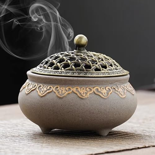Quemador de Incienso de Cerámica, Soporte de Palo con Tapa de Metal para Varitas de Incienso, Porta-Inciensos para Decoración Yoga Sala De Meditación Casa U Oficina, Meditación y Limpieza de Energía