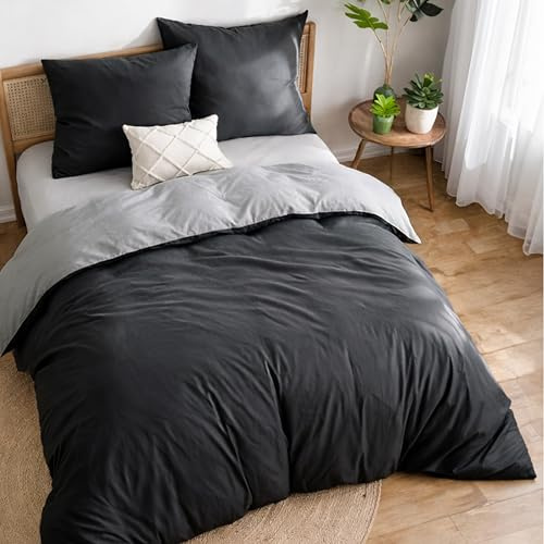 Dreamzie Funda nordica Cama 135 Algodon - Funda edredon 200x200 con Cierre + 2 Fundas Almohada 65x65 - Juego de Cama Liso y Reversible - Gris Oscuro