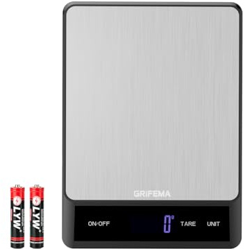 GRIFEMA GA2008, Bilancia da cucina con display LCD, Bilancia multifunzione per alimenti in acciaio inossidabile, 5 kg/11 lb, Batterie Incluse, Argento