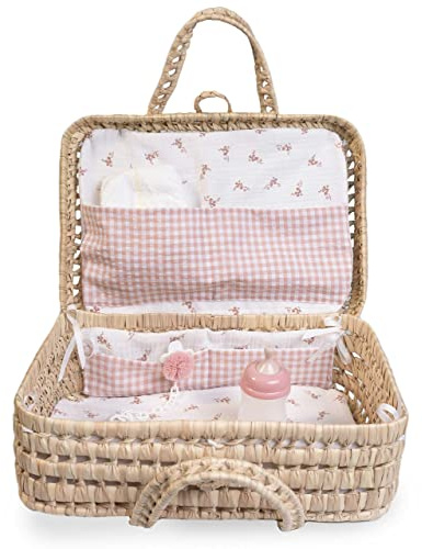 Muñecas Antonio Juan Maleta de Palma con Diseño de Flores y Vichy para Muñecas | Incluye Pañal, Chupete y Biberón | Ref. 92321