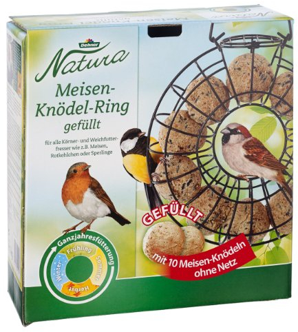 Dehner Natura Premium Meisenknödelring gefüllt, inkl. 10 Meisenknödel ohne Netz, ganzjähriges Wildvogelfutter fettreich / energiereich, hochwertiges Vogelfutter für Wildvögel, Metall, ca. Ø 24.5 cm