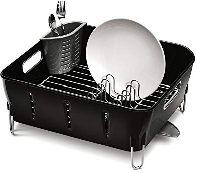 simplehuman KT1105 Compact Dish Rack, Drainer for Kitchen, 360º Swivel Spout, Easy to Clean, Coated Steel Wire, Cutlery Holder, Rustproof, Black Plastic, W 37.1cm x H 17.2cm x D 32.8cm