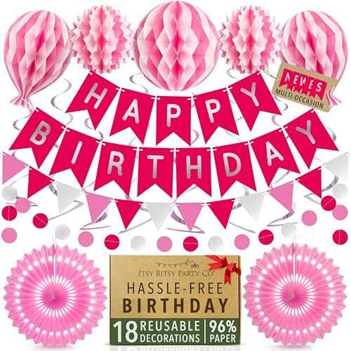 Premium Reusable Birthday Decoration Set - Honeycomb Paper Party Decorations, Happy Birthday Banner, Bunting, Streamers - Decor for Girls & Women by Itsy Bitsy Party Co (Pink)