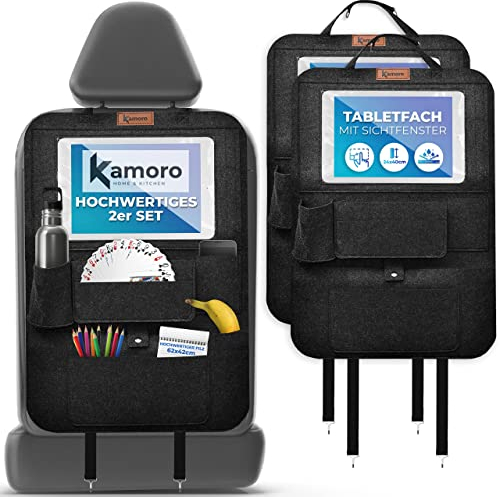 Autositz Organizer mit Tablet-Halter und Touch-Funktion - Einfache Befestigung an jedem Sitz [2er Set] - Rückenlehnenschutz aus extra dickem Filz - Rücksitz Organizer für Aufbewahrung und Schutz