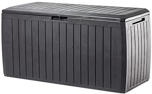 KADAX Caja de almacenamiento de plástico, 116,6 x 47 x 59,5 cm, baúl de jardín de 290 L, con asas y cierre, caja de jardín para almacenamiento de cojines (290 L, marrón oscuro)