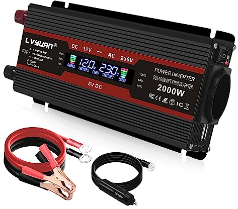 Yinleader Inversor de Corriente 12v 220v 900W Transformador LCD 2 USB - Negro
