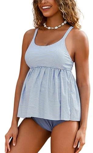 GINKANA Maternity Tankinis Swimsuits 2 Pieces Swimwear Peplum Ruffle Hem Pregnancy Bathing Suits Flower Print Swim Suits,Blue Stripe,M